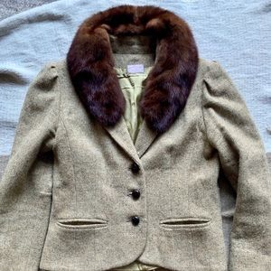 Vintage real mink fur green tweed blazer SZ: small